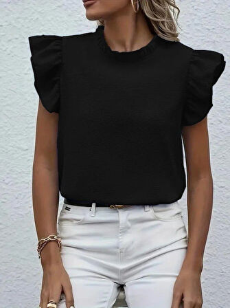 Kadın Kısa Kollu Fırfır Yakalı Bürümcük Bluz