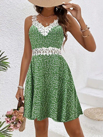 Kadın Askılı Dantel Yakalı çiçek Desenli Süprem Elbise