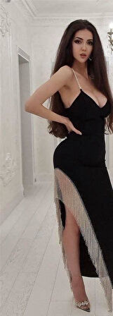 Kadın Dagıç Kumaş Saçaklı Taşlı Askılı Midi Boy Elbise