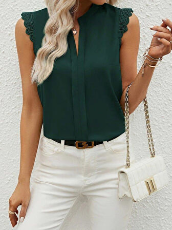 Kadın Kısa Dantel Kollu Hakim Yaka Ithal Krep Bluz