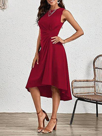 Kadın Sıfır Kollu Bisiklet Yaka Büzgülü Asimetrik Kesim Detaylı Janjan Krep Elbise