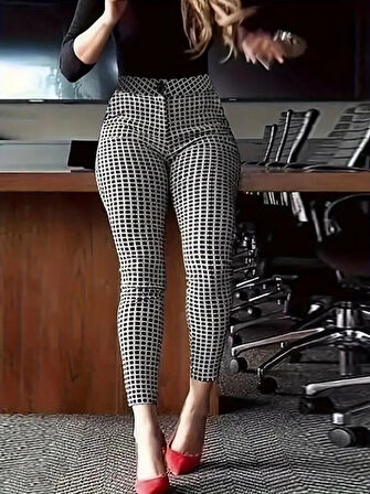 Kadın Yüksek Bel Desenli Dalgıç Pantolon