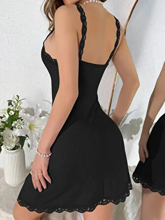 Kadın Askılı V Yaka Dantel Detay Fitilli Kaşkorse Gecelik