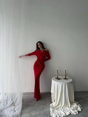 Kayık Yaka Uzun Kurdele Elbise