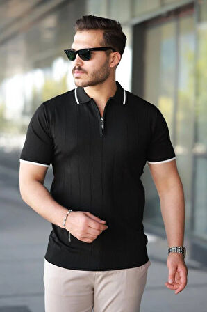 Erkek Fermuar Yakalı çizgi Dokulu Kısa Kollu Tişört