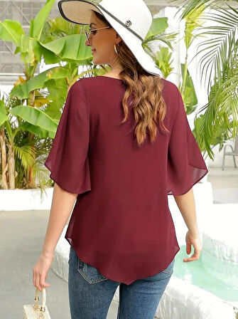 Kadın Kısa Yırtmaç Kollu Yuvarlak Yaka şifon Bluz