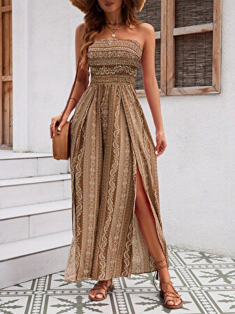 Kadın Yakası Gipe Detaylı önden Yırtmaç Detaylı Desenli Süprem Pantolun Etek Tulum