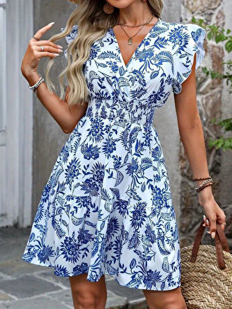 Kadın Kısa Fırfır Kollu Kruvaze Yaka çiçekli Atlas Elbise