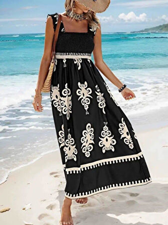 Kadın Askılı Kare Yaka Gipe Detaylı Desenli Suprem Elbise