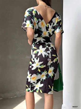 Kadın Dalgıç Kumaş V Yaka çiçek Desenli Kuşaklı Kalem Elbise