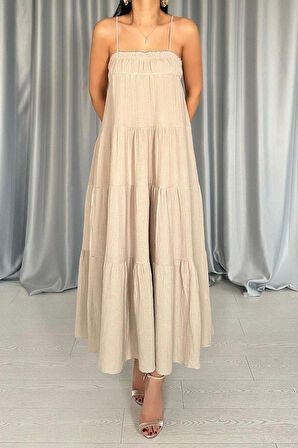 Taş Askılı Parçalı Müslin Elbise