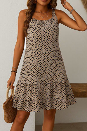 Kadın Boyundan Askılı Desenli Fırfırlı Süprem Elbise