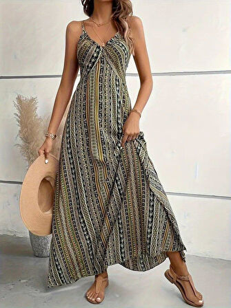 Kadın Ip Askılı Sırttan çapraz Detaylı Yırtmaçlı Desenli Süprem Elbise