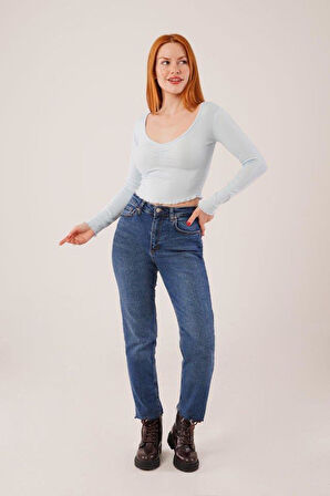 Geniş Yaka Bebe Mavisi Basic Body Bluz