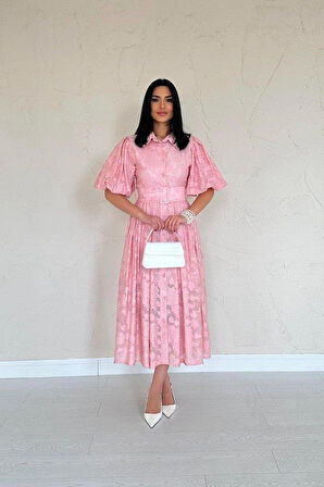 Pembe Kemerli Balon Kollu Elbise