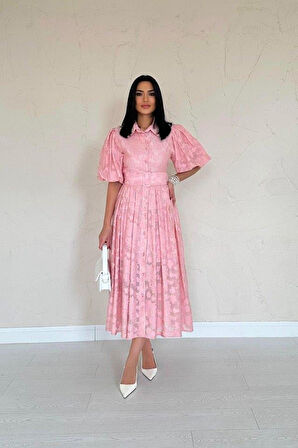 Pembe Kemerli Balon Kollu Elbise