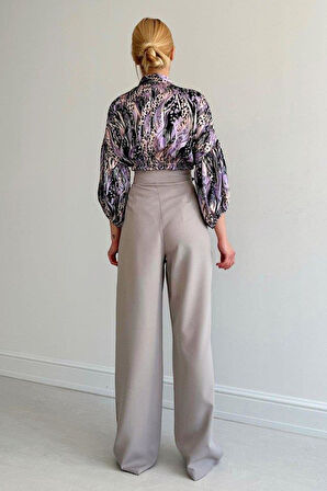 Beli Lastikli Saten Gömlek - Lila