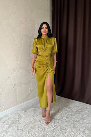 Yağ Yeşili Büzgülü Saten Elbise