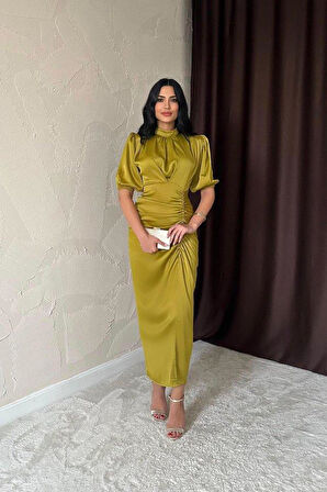 Yağ Yeşili Büzgülü Saten Elbise