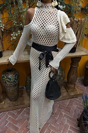 Saten Kuşaklı Ajurlu Triko Elbise 2847