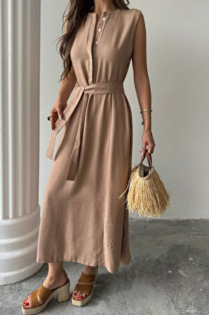 KETEN ELBİSE KOLSUZ BEL BAĞLAMALI MAXİ ELBİSE - Kahverengi