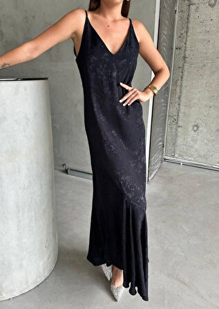 JAKARLI ASKILI SATEN ELBİSE ASİMETRİK - Siyah