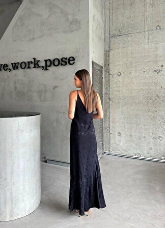 JAKARLI ASKILI SATEN ELBİSE ASİMETRİK - Siyah