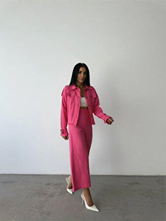 KETEN PÜSKÜL DETAYLI GÖMLEK-PANTOLON TAKIM - Fuşya
