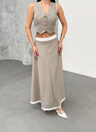 Gi̇o Çi̇zgi̇li̇ Garni̇li̇ Mi̇di̇ Etek Yelek Takim