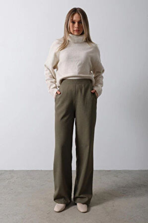 Beli Yarım Lastikli Palazzo Pantolon - Haki