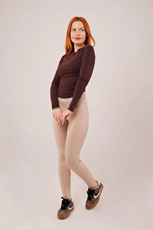 Yaka Detay Uzun Kollu Basic Kahverengi Bluz