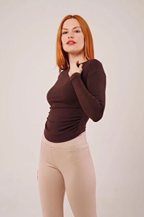 Yaka Detay Uzun Kollu Basic Kahverengi Bluz