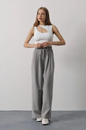 Pileli Bağcıklı Oversize Pantolon - Gri