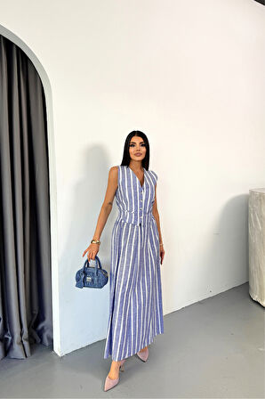 KETEN ÇİZGİLİ YELEK - UZUN ETEK TAKIM - Mavi