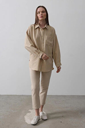 Çizgili Tek Cep Gömlek - Taş