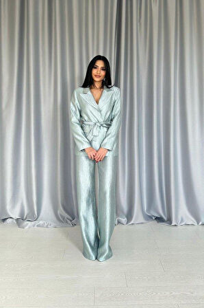 Mint Beli Kuşaklı Ceket Ve Pantolon Parlak Takım