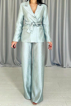 Mint Beli Kuşaklı Ceket Ve Pantolon Parlak Takım