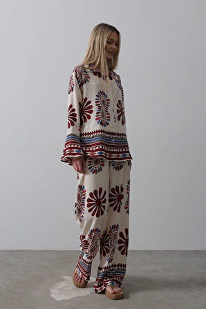 Desenli Kolları Volanlı Pantolon Takım - Kırmızı