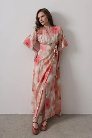 Yandan Bağlamalı Desenli Elbise - Pembe