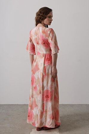 Yandan Bağlamalı Desenli Elbise - Pembe