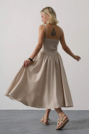 Askılı Uzun Elbise - Taş