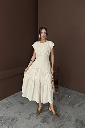 Bej Büzgü Detaylı Keten Elbise