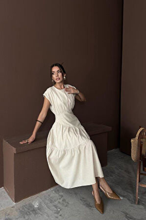 Bej Büzgü Detaylı Keten Elbise