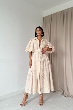 Bej Pileli Balkon Elbise