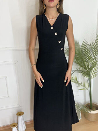 Kadın Düğme Detay Kolsuz Maxi Boy Elbise
