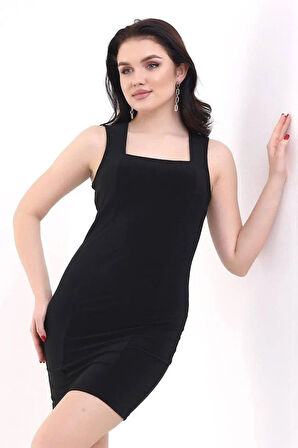 Kadın Kare Yaka Kolsuz Sandy Kumaş Fırsat Ürün Diz Üstü Elbise