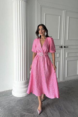 Pembe Işıltılı Kemerli Kruvaze Elbise