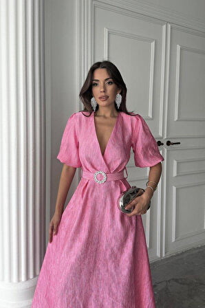 Pembe Işıltılı Kemerli Kruvaze Elbise