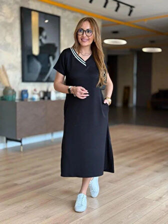 Kadın Kısa Kollu V Ribana Yakalı Yırtmaçlı Midi Viskon Iki Iplik Elbise