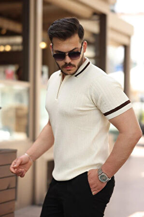 Erkek Yaka Ve Kolları çizgi Detaylı Fermuarlı Kısa Kollu T-shirt
